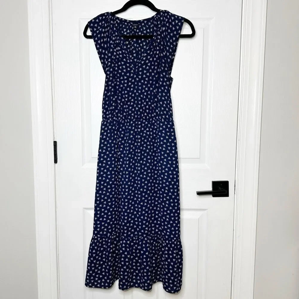 J. CREW Navy Midi Dress Navy White Dragonfly Cap Sleeve Size XS - Picture 2 of 11